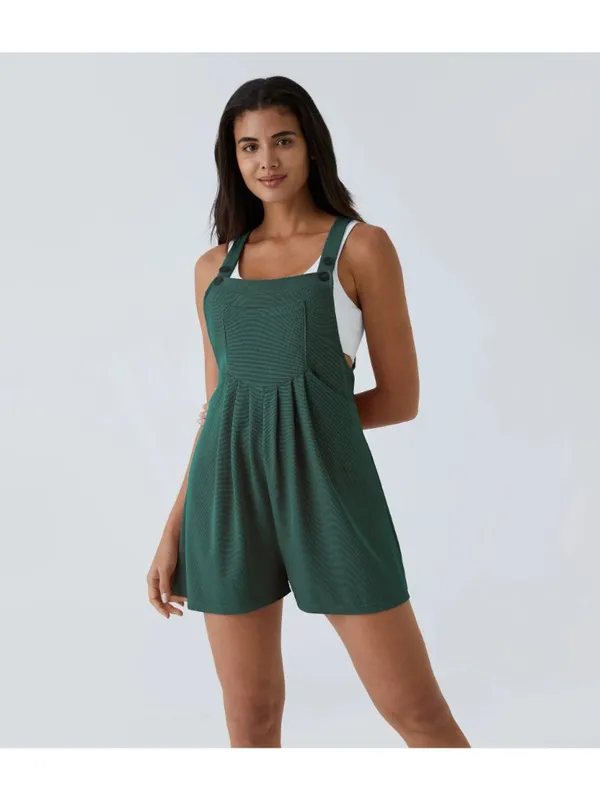 Halara Pockets Waffle Casual Short Overalls Green L - Image 3