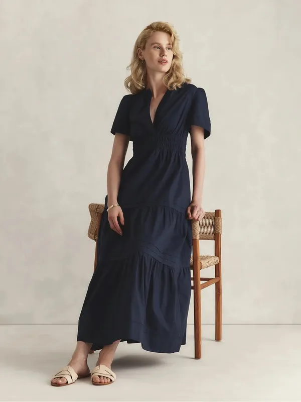 Quince 100% Organic Cotton Poplin Tiered Maxi Dress Navy Blue Size L - Image 2