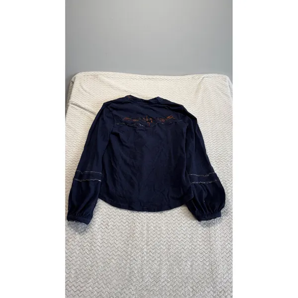 Free People Navy Blue Embroidered Floral Henley Top Cotton Linen Blend Medium - Image 4