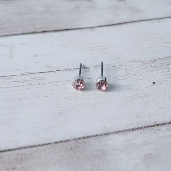 Round Pink Gem & Silver Tone Stud Earrings 1/8" Small - Fair Condition - Image 5