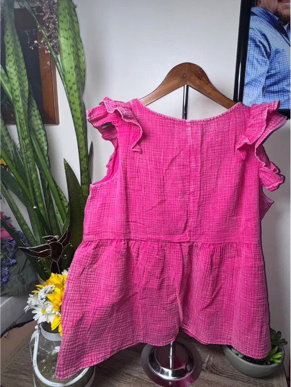 Zenana Gauze Acid Wash Ruffle Sleeve Top in Fuchsia - Image 2