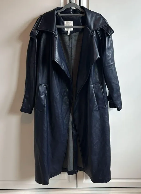 Faux Leather Navy Trench Coat - Image 3