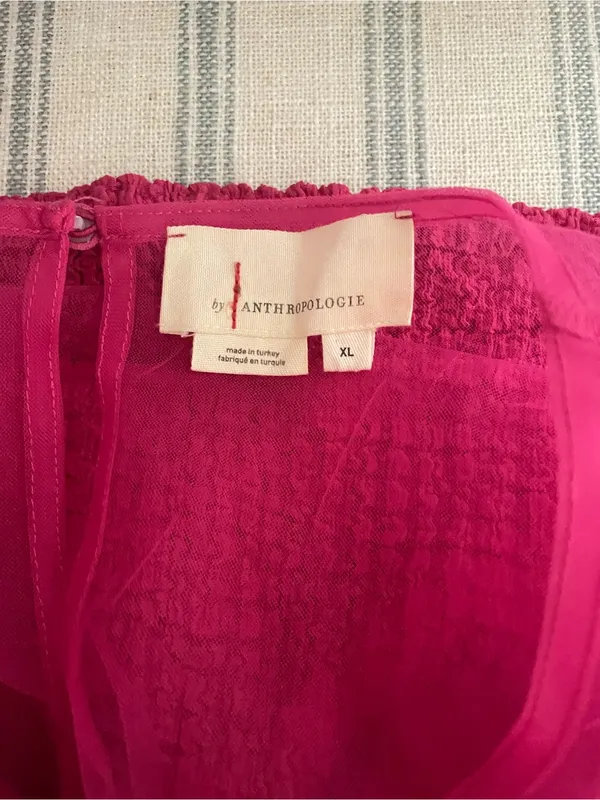 Anthropologie Sheer Mesh Tulle Puff Sleeve Blouse Top Hot Pink XL - Image 4
