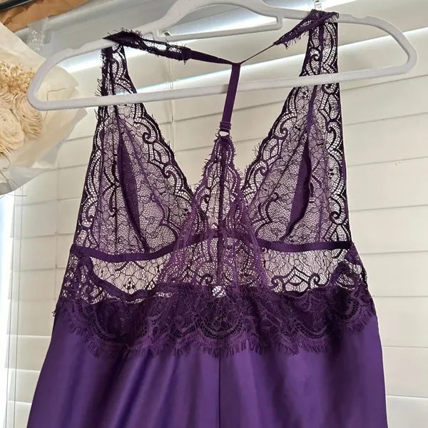 Purple Satin Lace Babydoll Slip Nightgown Fairy Grunge Coquette Y2K Small - Image 3