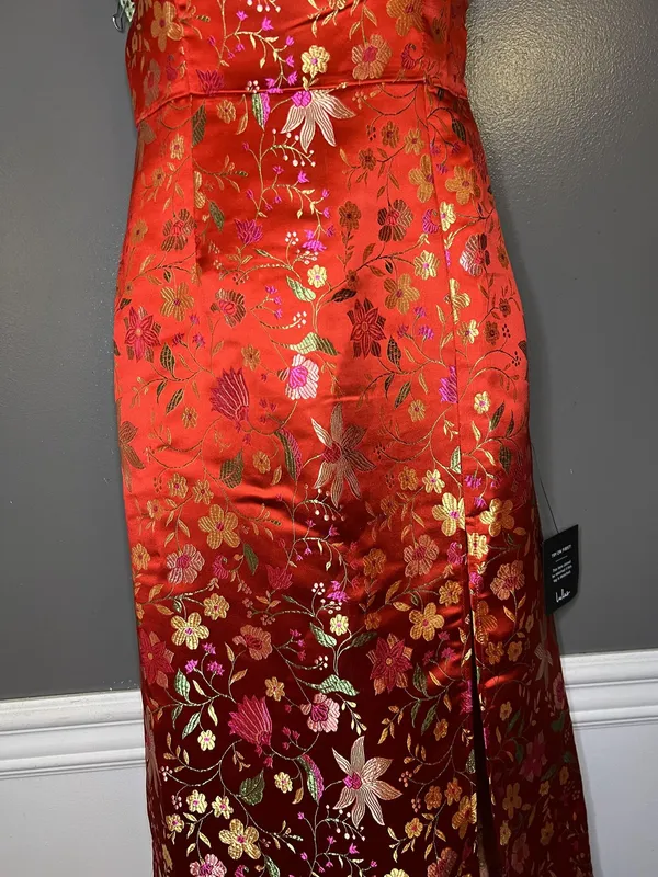 Lulus Dress Womens Medium Red Floral Jacquard Strapless Sheath Maxi Side Slit - Image 3