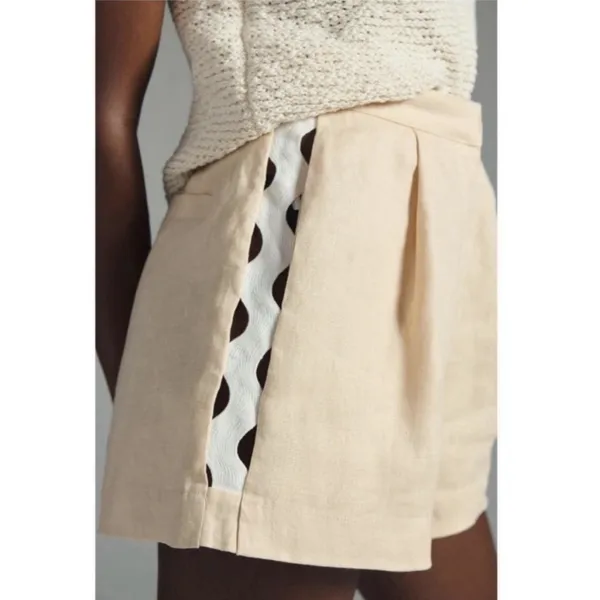 Anthropologie Mon Renn Coast Linen Shorts S Pleated Tan Open Side Ric Rac - Image 2