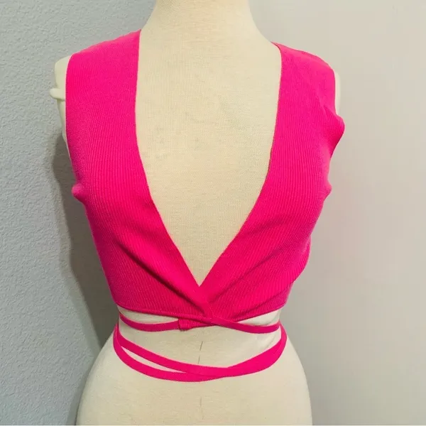 Zara Women‎ Bloggers Favorite Pink Sleeveless Knotted Waist Knit Top Size Large - Image 4