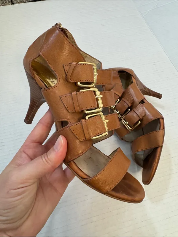 Michael Kors Tan Leather Strappy Buckle Kitten Heels Womens 6.5 Y2K Dressy - Image 10