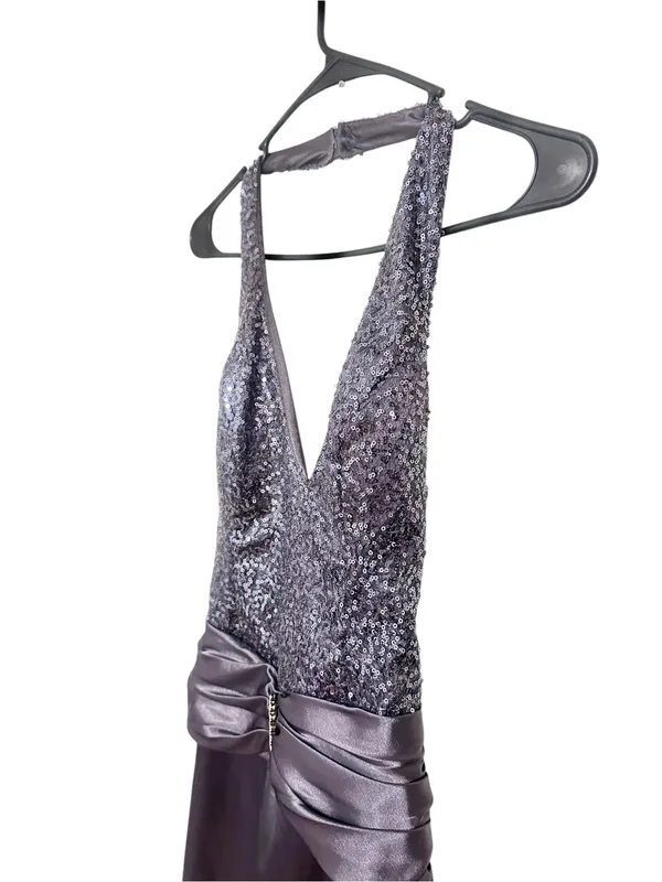 Vintage Lenovia Y2K Charcoal Gray Halter Formal Dress Gown Sequin Ruched - Image 3