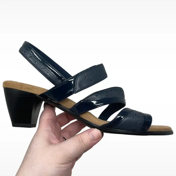 Trotters “Marvie” Navy Blue Leather Heeled Hook & Loop Sandals Women’s 8.5 Wide - Image 9