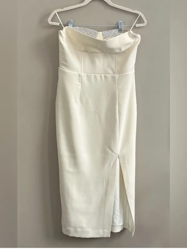 NEW‎ ASTR Melani Rhinestone Ivory Cream Strapless Slit Midi Dress - Image 3