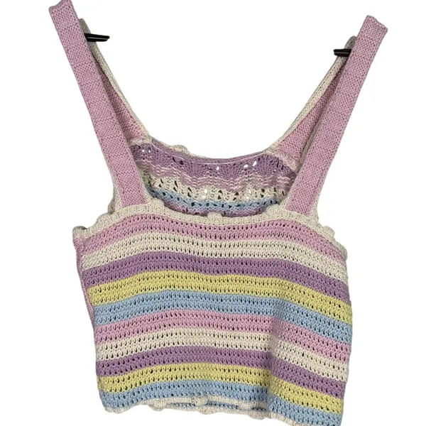Zara Rare Sleeveless Crochet Knit Stretch Cropped Tank Top M Pink Multicolors - Image 12