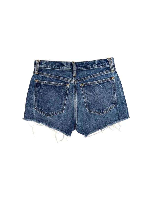 Abercrombie & Fitch Mom Cutoff High Rise Denim Shorts Womens 27 Abercrombie & Fitch high rise cutoff mom shorts in a distressed medium wash. Raw frayed hemline with classic 5 pocket styling and zip fly button closure. Modern release design features a clean back waist without traditional leather logo patch. Rigid 100 percent cotton denim build with structured vintage silhouette. Excellent preowned. No flaws, stains, or unintentional tears. Measurements Flat Lay: Waist 14.25 in Rise 10 in Inseam 2 in Hips 17 in - Image 2
