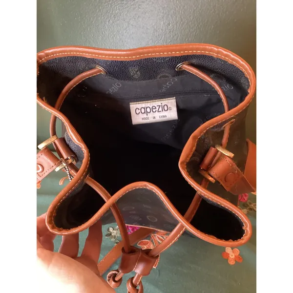 Capezio Bucket‎ Bag Blk Monogram Leather Trim Drawstring Shoulder Bag - Image 3