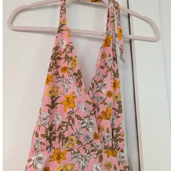 GB Made & Crafted Pink Floral Halter Maxi Dress Smocked Back Tiered Sun Dress - Image 3