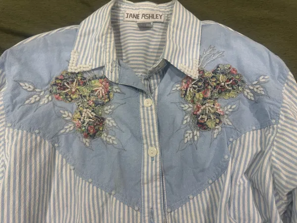 Jane Ashley Blue & White Striped Embroidered Western Button-Down - Image 2
