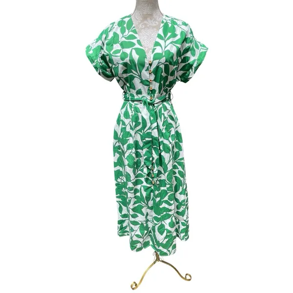 Coastal White Green Botanical Cotton Maxi Shirt Dress Belted Pockets Zara M - Image 5