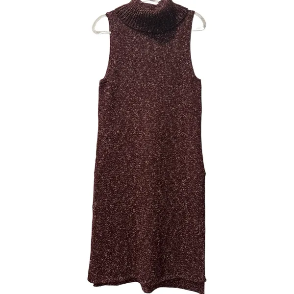 Anthropologie Marled Knit‎ Sleeveless Slit Turtleneck Sweater Tunic Burgundy MED - Image 4