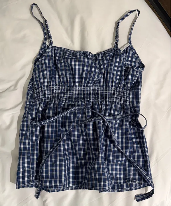 Brandy Melville Blue Plaid Gingham Smocked Tank - Image 3