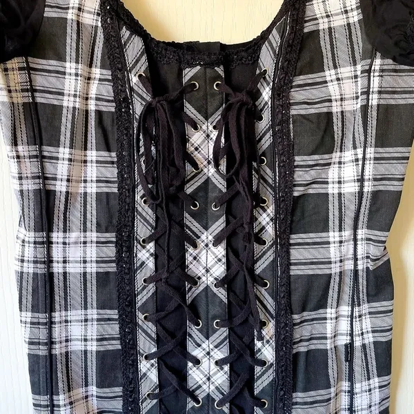 Tripp NYC Plaid Lace-Up Corset Top Cotton‎ Black White Gothic Punk XL EUC - Image 3
