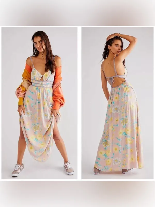 Free People Wisteria Maxi Dress Small Pink Floral Sleeveless Boho Romantic - Image 2