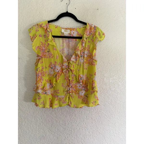 Maeve Anthropologie Ashlee Ruffled Blouse‎ 12 Yellow Floral V-Neck Sleeveless - Image 12