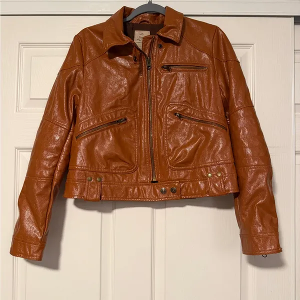 We the Free People Vegan‎ Faux Leather Cognac Moto Jacket Rock - Image 3
