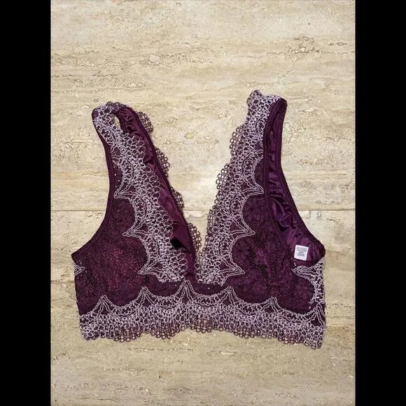 Victoria's Secret All Over Crochet Lace Deep V-Neck Bralette Burgundy & White‎ M - Image 2