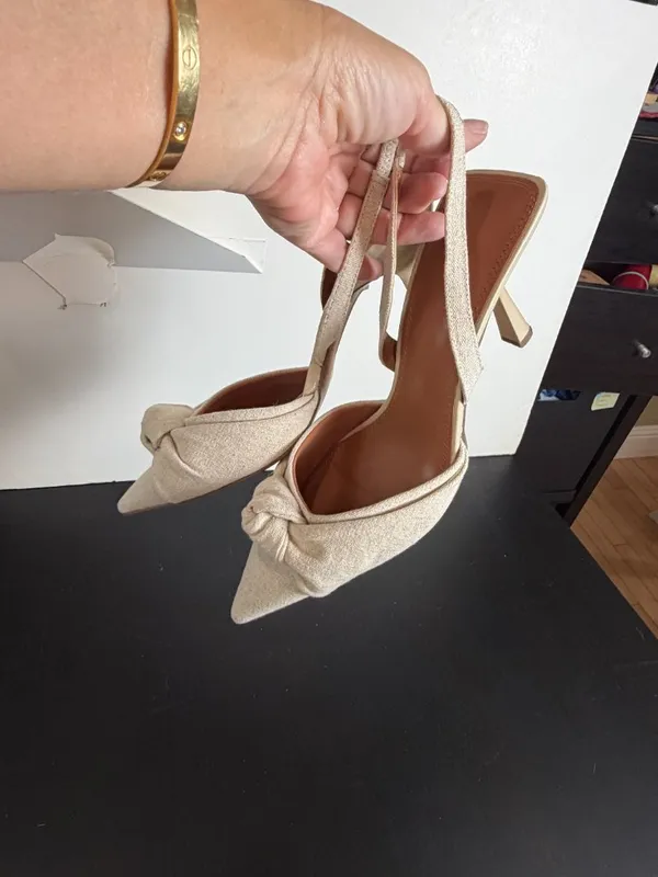 ASOS DESIGN Soraya Knotted Slingback Mid Heel Shoes Neutral Cream Linen Size 10 - Image 12