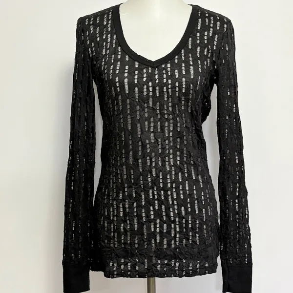 BKE Long Sleeve Top XL Black V-Neck Open Knit Distressed Textured Goth Punk - Image 2