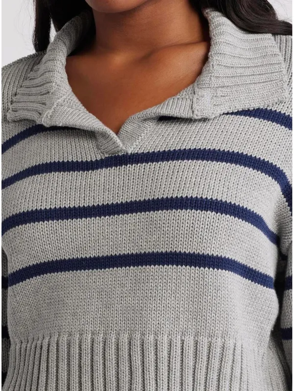 PacSun Callie Cotton Stripe Crop Polo Sweater Heather Gray XL - Image 9