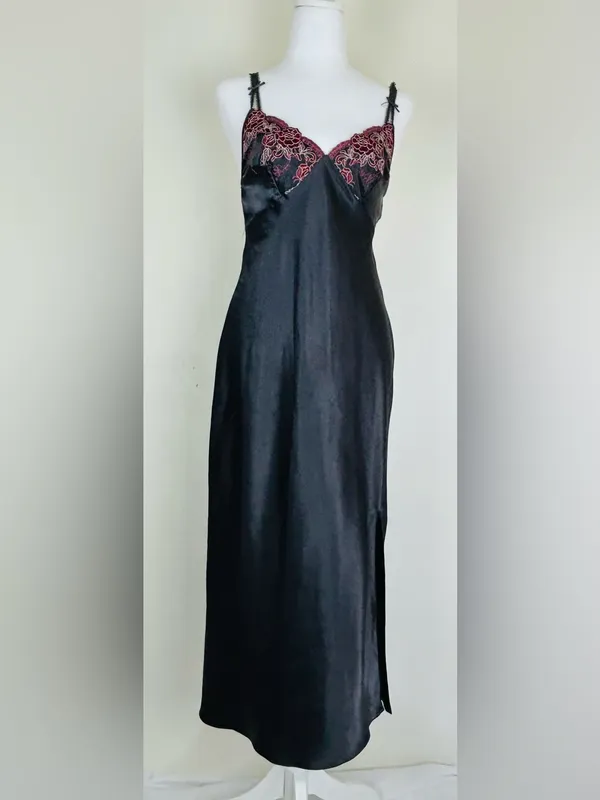 Vintage Black Satin Slip Dress Burgundy Embroidered Lace Maxi S - Image 3
