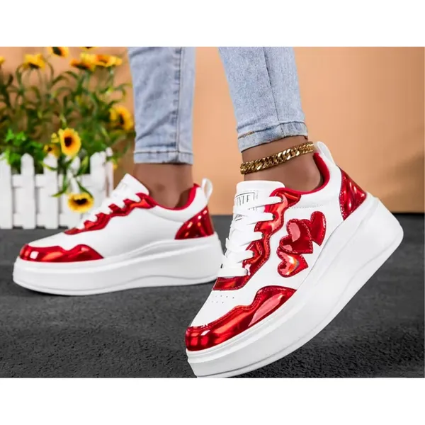Red Heart Pattern Lightweight Sneakers Cushioned Sole 8 White - Image 4