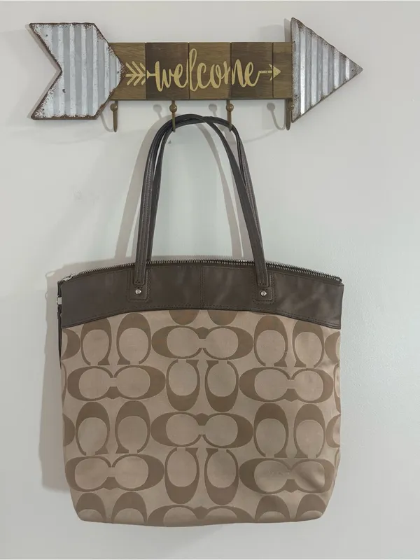 Coach Tan and Brown Signature Tote with Leather Trim - Image 4