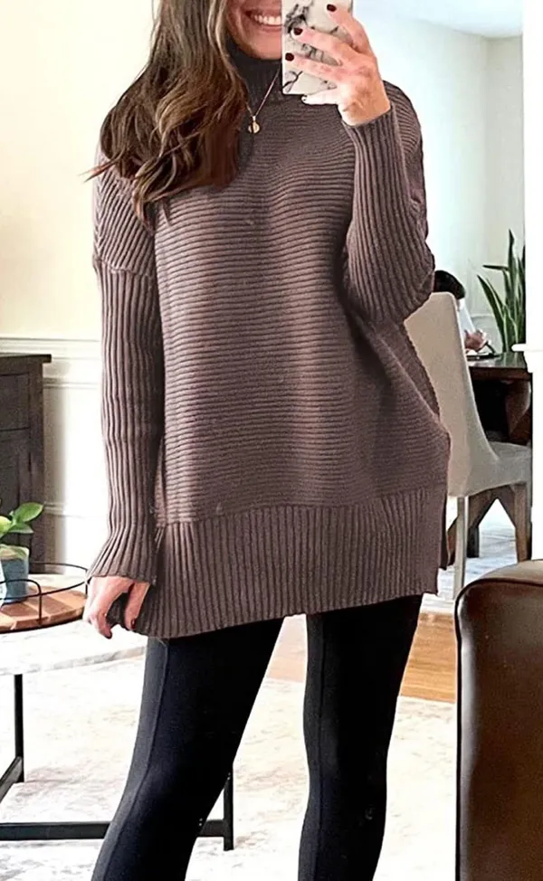 Turtleneck Oversized Tunic Long Sleeve Spilt Hem Pullover Knit Sweater Top S - Image 3
