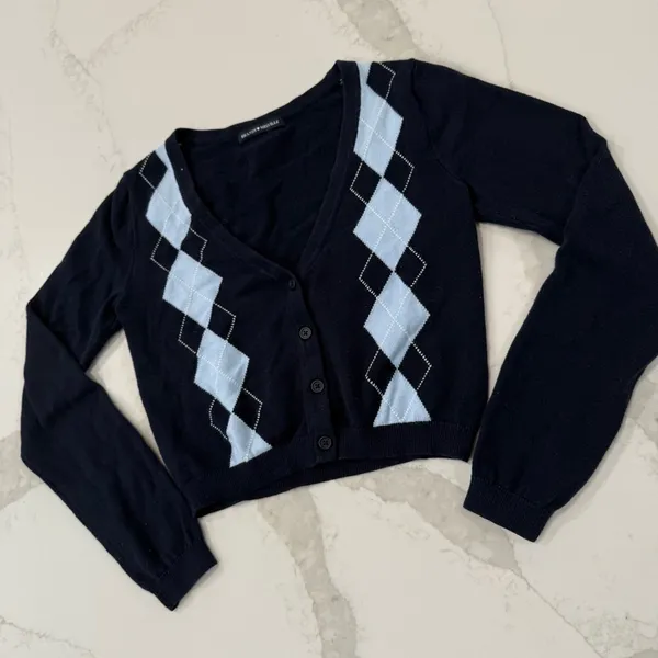 Brandy Melville Argyle Cropped ButtonFront Cardigan Sweater VNeck Womens OS Blue - Image 3