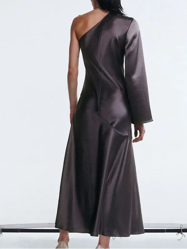 & Other Stories savoir Satin off shoulder Maxi Dress asymmetric 34 - Image 6