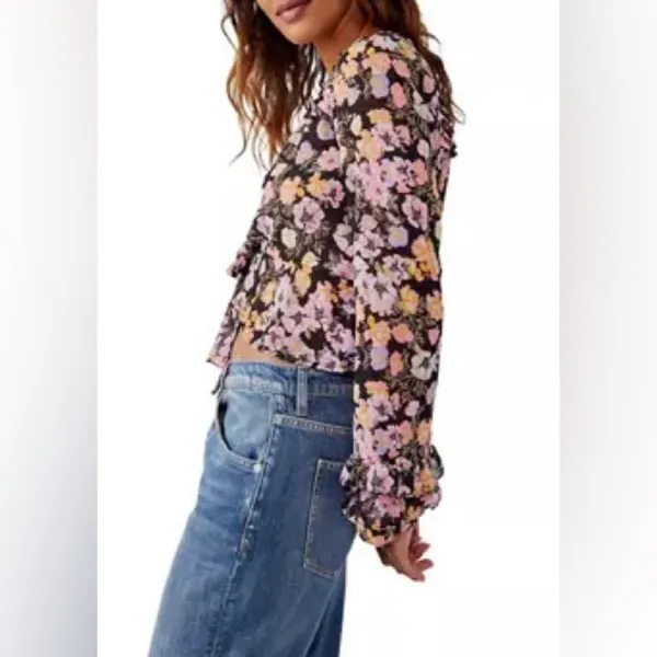 FREE‎ PEOPLE Maybel Sheer Floral Tie Front Peplum Top Crop Black Pink Small New - Image 15