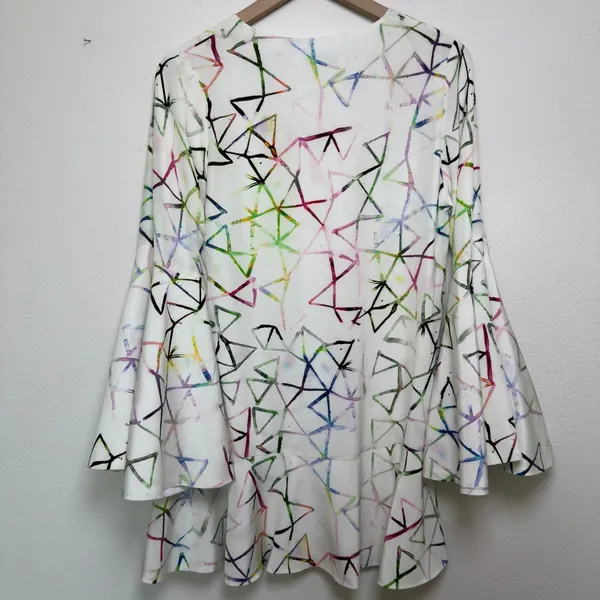 Alexis‎ Women 100% SILK Mini Dress Large Abstract Bell Sleeve Shift Party Event - Image 4