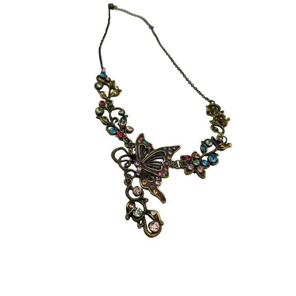 Brass-Tone Multi Color Rhinestone Butterfly Flower Charm Necklace - Image 7
