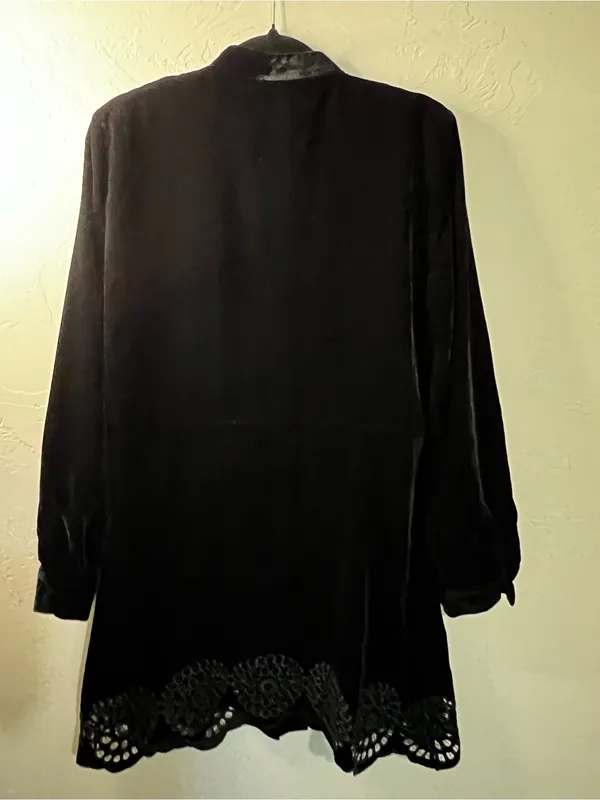 Zara Black Velvet Button Front Scalloped Eyelet Hem Flowy Mini Whimsy Goth Dress - Image 7