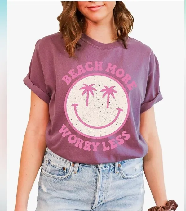Tee Territory Beach More Worry Less Short Sleeve Tee in Light Pink & Orange - Image 2