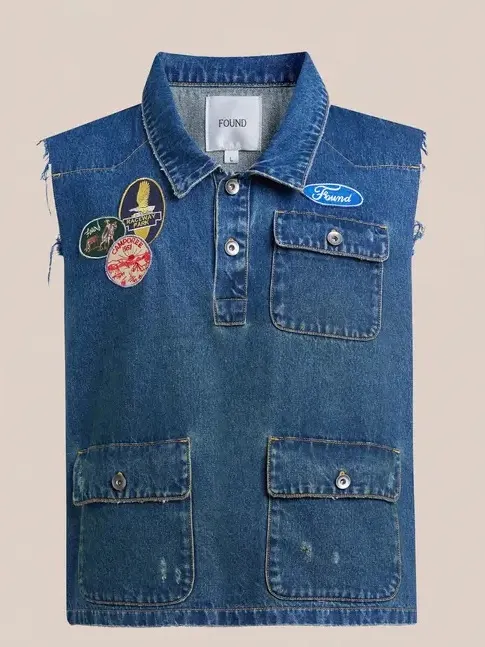 FOUND Revolve Patch Denim Vest L Vintage Blue Distressed Racing Utility Western - Image 2