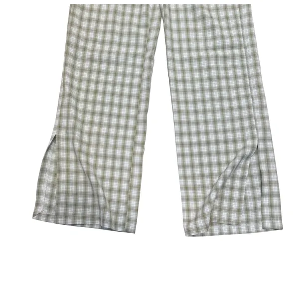Princess Polly Plaid Wide Leg Pants Sage Green White High Waisted Side Slit Sz 2 - Image 3