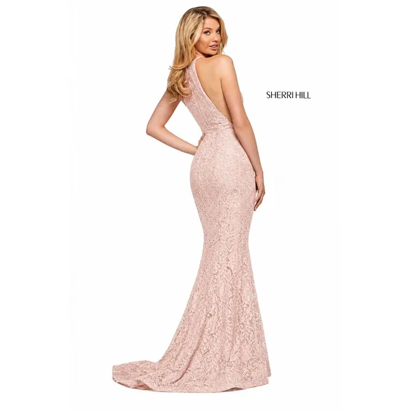Sherri Hill 53361 Blush Lace Halter Gown High Slit Rhinestone‎ Dress NWT Size 8 - Image 2