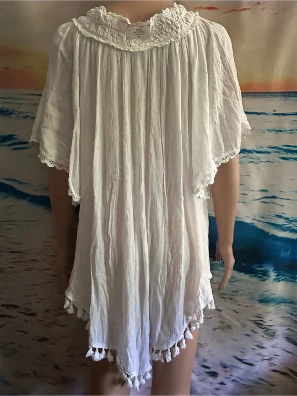 Nouveau Beach Women's White Tassel Hem Peasant Dress Swim Cover Up MD NWT - Image 2