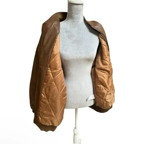 Edikted Vegan‎ Leather Quilt Lined Oversized Brown Bomber Jacket, Size S - Image 6