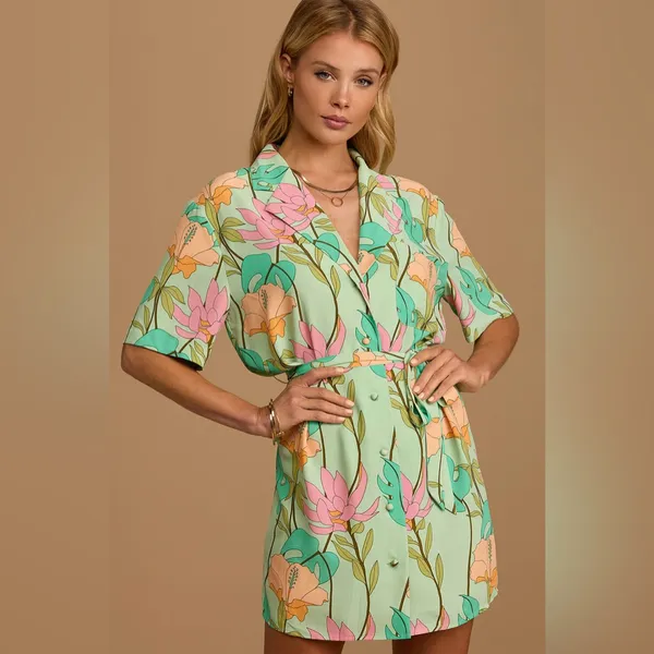 Lulus Totally Tropical Light Green Floral Print Button-Up Shirt Dress - Image 2