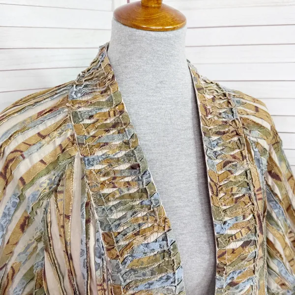 Chicos Shirred Cut Away Art To Wear Short Sleeve V Neck Jacket Tan Multi‎ Large - Image 5