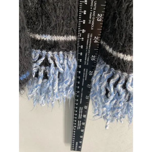 Arette Womens Cardigan Fuzzy Grid Plaid Fringe Zip Up Black Blue Large - Image 4